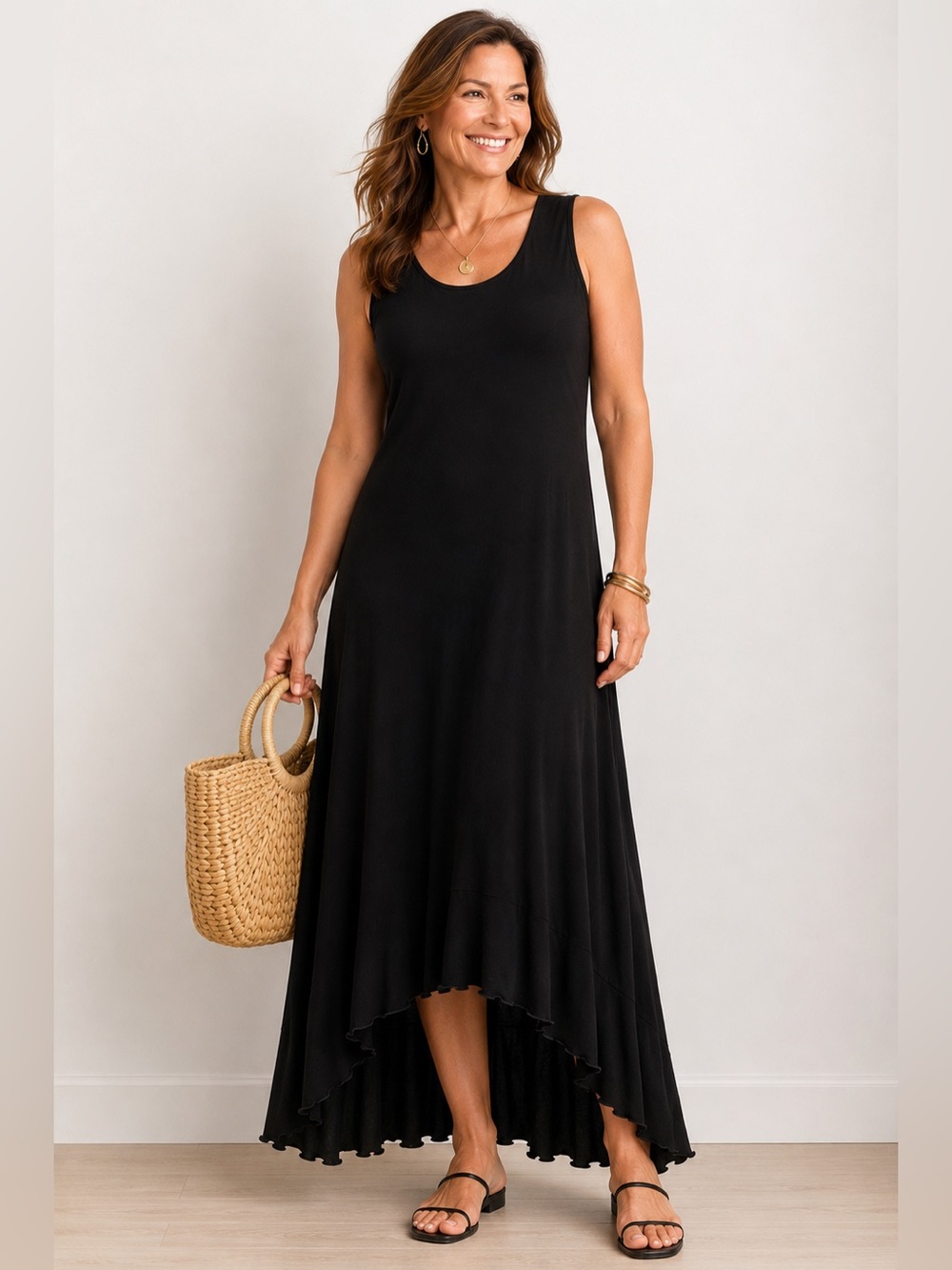 Chico’s Travelers Black Sleeveless Asymmetrical Hem Maxi Dress Size 1 Stretch